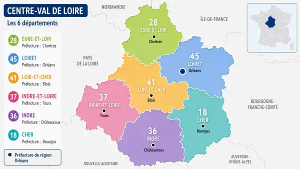 carte départements et préfecture de la région Centre-Val de Loire